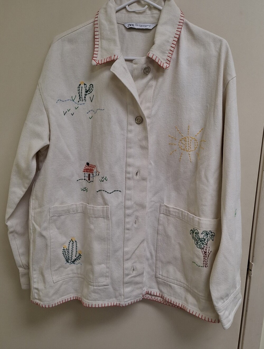 Zara Cream Embroidered Cotton Jean Jacket with Red Stitching